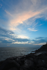 Image showing Rocky coast at sunset