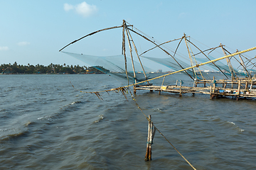 Image showing Chinese fishnets on sunset. Kochi, Kerala, India