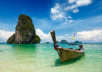 Image showing Long tail boat on beach, Thailand