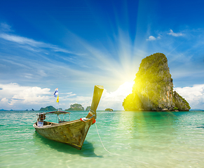 Image showing Long tail boat on beach, Thailand