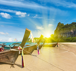 Image showing Long tail boats on beach, Thailand