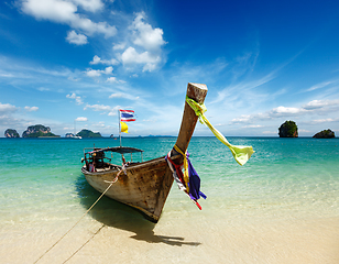 Image showing Long tail boat on beach, Thailand