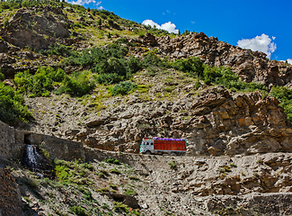 Image showing Manali-Leh road in Indian Himalayas with lorry. Himachal Pradesh