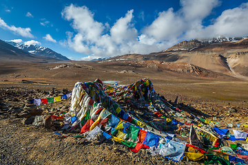 Image showing Buddhist prayer flags (lungta) on Baralacha La pass in Himalayas
