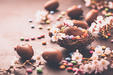 Image showing Sweet Easter - Chocolate eggs and colorful chocolate beans in bird nest