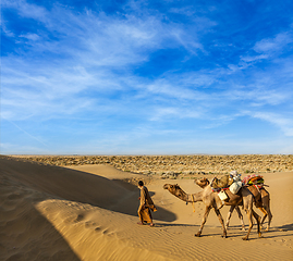 Image showing Cameleer (camel driver) with camels in dunes of Thar desert. Raj