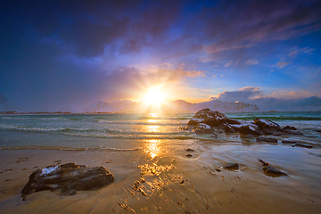 Image showing Skagsanden beach on sunset, Lofoten islands, Norway