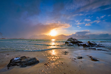 Image showing Skagsanden beach on sunset, Lofoten islands, Norway