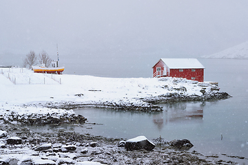 Image showing Red rorbu house in winter, Lofoten islands, Norway