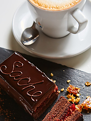 Image showing A piece of Sacher cake. Shallow dof.