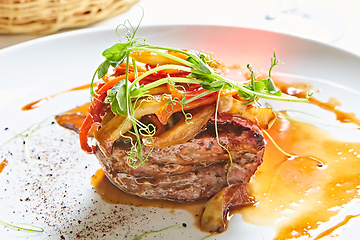 Image showing Delicious beef steak with vegetables. Shallow dof.