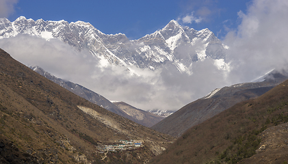 Image showing Everest summit, Lhotse and village in Himalayas