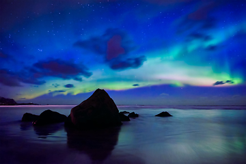 Image showing Aurora borealis northern lights. Lofoten islands, Norway