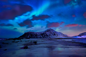 Image showing Aurora borealis northern lights. Lofoten islands, Norway