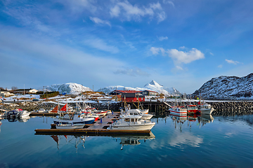 Image showing Fishing boats and yachts on pier in Norway