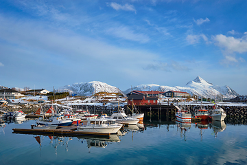 Image showing Fishing boats and yachts on pier in Norway