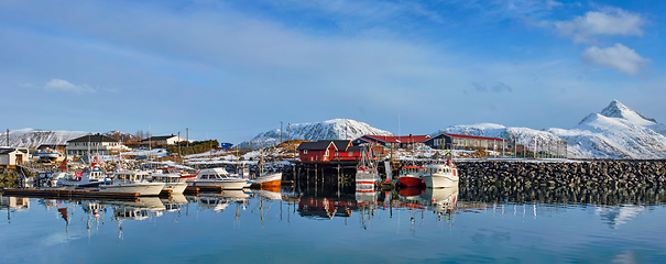 Image showing Fishing boats and yachts on pier in Norway