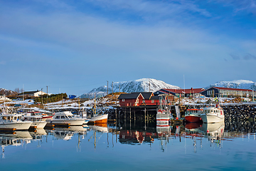 Image showing Fishing boats and yachts on pier in Norway