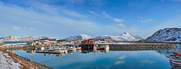 Image showing Fishing boats and yachts on pier in Norway