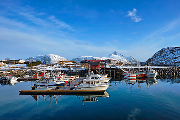 Image showing Fishing boats and yachts on pier in Norway