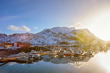 Image showing Fishing boats and yachts on pier in Norway