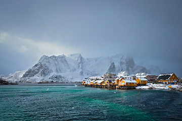 Image showing Yellow rorbu houses, Lofoten islands, Norway