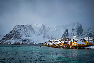 Image showing Yellow rorbu houses, Lofoten islands, Norway