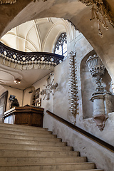 Image showing Human skulls and bones in ossuary Sedlec Kostnice