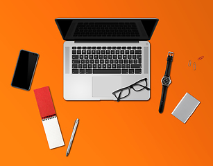 Image showing Office desk mockup top view isolated on orange