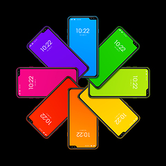 Image showing Rainbow colorful smartphone set in circle shape. isolated on bla