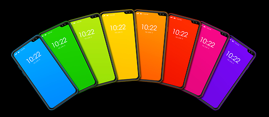 Image showing Rainbow colorful smartphone set banner. Isolated on black. 3D re