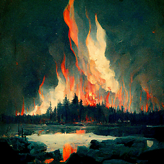 Image showing Burning forest spruces in fire flames, nature disaster concept  