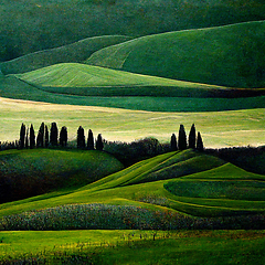 Image showing Well known Tuscany landscape with grain fields, cypress trees an