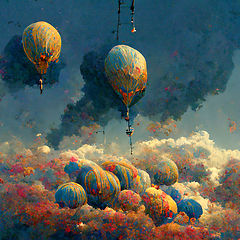 Image showing Beautiful fantasy hot air balloons against a blue sky and clouds