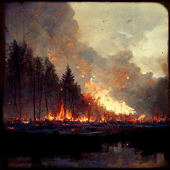 Image showing Burning forest spruces in fire flames, nature disaster concept  