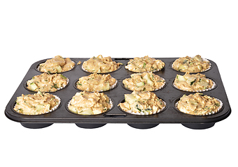 Image showing Baking pan with raw vegetable muffins isolated