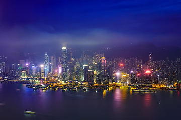 Image showing Aerial view of illuminated Hong Kong skyline. Hong Kong, China