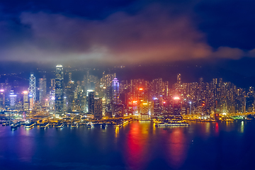 Image showing Aerial view of illuminated Hong Kong skyline. Hong Kong, China