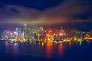 Image showing Aerial view of illuminated Hong Kong skyline. Hong Kong, China