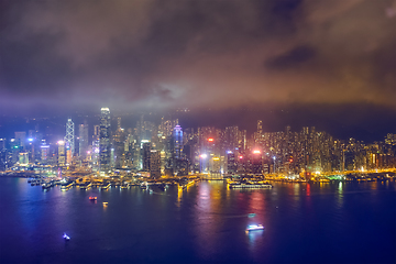 Image showing Aerial view of illuminated Hong Kong skyline. Hong Kong, China