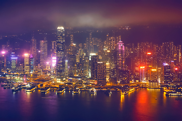 Image showing Aerial view of illuminated Hong Kong skyline. Hong Kong, China