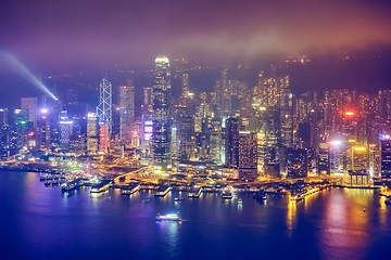 Image showing Aerial view of illuminated Hong Kong skyline. Hong Kong, China