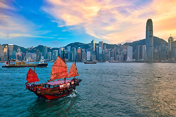 Image showing Junk boat in Hong Kong Victoria Harbour