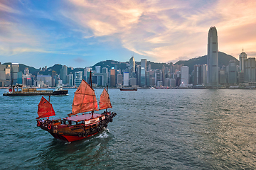 Image showing Junk boat in Hong Kong Victoria Harbour