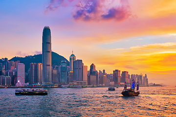 Image showing Junk boat in Hong Kong Victoria Harbour