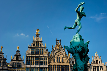 Image showing Antwerp Grote Markt old houses and monumental fountain sculpture, Belgium. Flanders