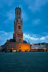 Image showing Belfry tower and Grote markt square in Bruges, Belgium on dusk in twilight