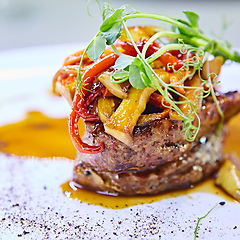 Image showing Delicious beef steak with vegetables. Shallow dof.