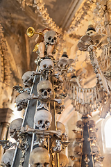 Image showing Human skulls and bones in ossuary Sedlec Kostnice