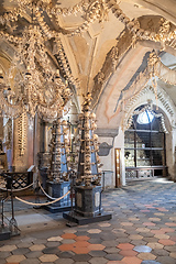 Image showing Human skulls and bones in ossuary Sedlec Kostnice